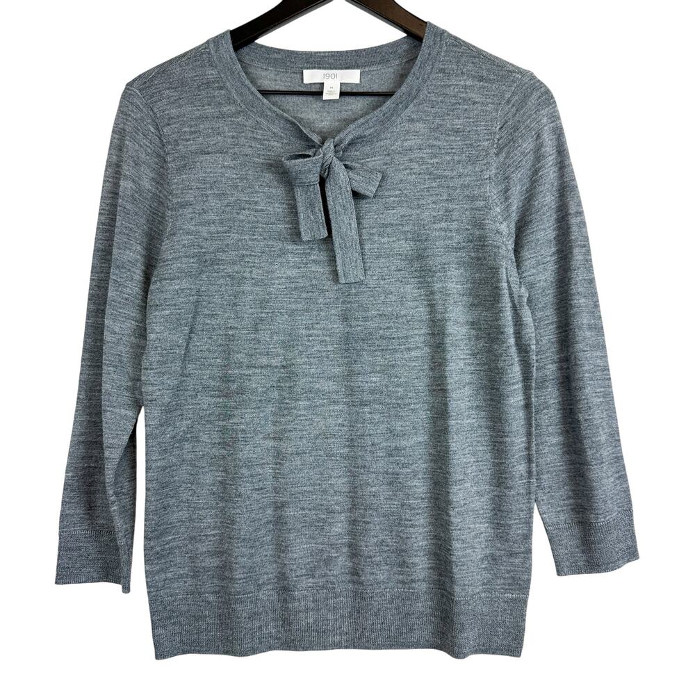 1901 Nordstrom Tipped Tie Neck Wool Blend Sweater Gray - M